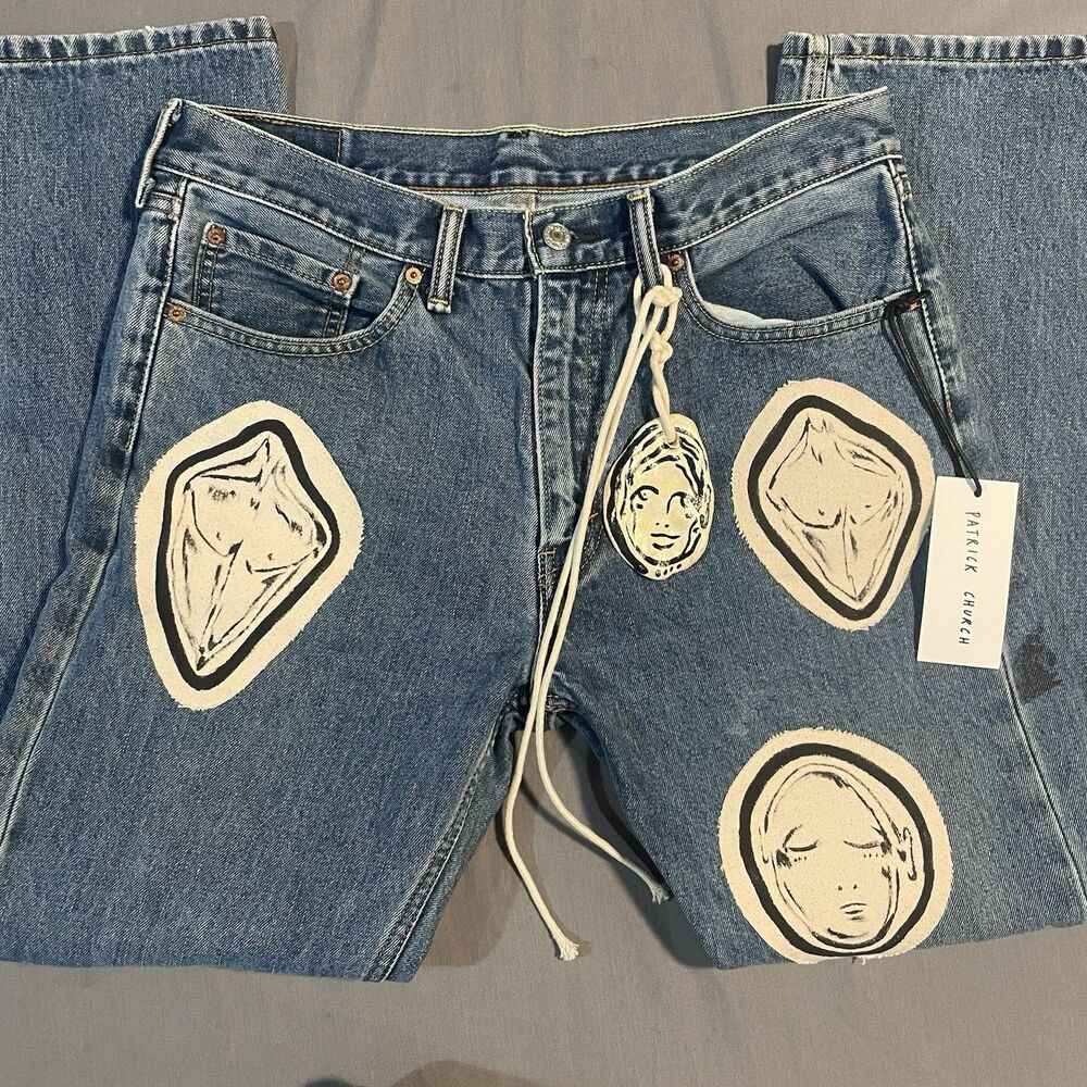 Patrick Church Hand Painted Patch Jeans W/ Clay Charm AOY Canvas Patches